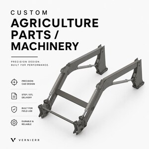 May include: A gray agricultural machinery part with the text "CUSTOM AGRICULTURE PARTS / MACHINERY". The design is built for performance and precision. Features include precision CAD design, step/STL delivery, built for field use, and durable & reliable.