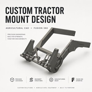 May include: A gray custom tractor mount design. The image includes the text "CUSTOM TRACTOR MOUNT DESIGN" and "AGRICULTURAL CAD • FUSION 360". The design is built for strength, function, and durability. It is precision engineered and ready for manufacturing.