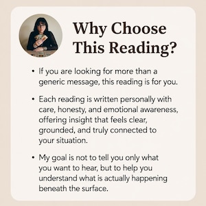 May include: An image with the text "Why Choose This Reading?" and bullet points describing the benefits of a personalized reading. A person is holding cards in a circular frame at the top left.