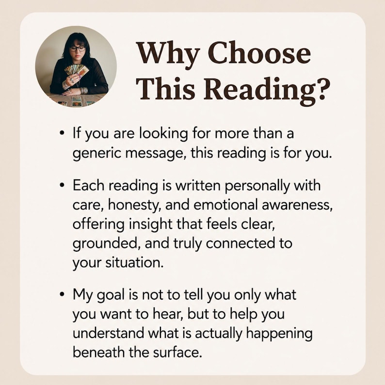 May include: An image with the text "Why Choose This Reading?" and bullet points describing the benefits of a personalized reading. A person is holding cards in a circular frame at the top left.