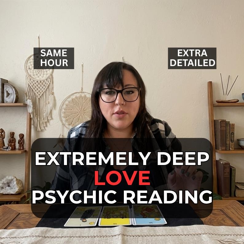 May include: A woman wearing glasses is centered in front of a table with tarot cards. The text on the image reads "EXTREMELY DEEP LOVE PSYCHIC READING". Additional text says "SAME HOUR" and "EXTRA DETAILED".