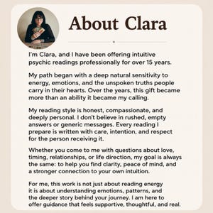 May include: An image with the text "About Clara" and a photo of a woman holding cards. The text describes Clara's intuitive psychic readings, offered professionally for over 15 years, focusing on clarity and connection.