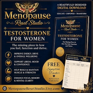 Op de afbeelding: Advertentie voor een digitale download van "Menopause Reset Studio" met "Testosteron voor Vrouwen". Het ontwerp bevat een motillustratie, gouden accenten en een gratis symptoomtracker. De tekst benadrukt voordelen zoals verbeterde energie en focus.