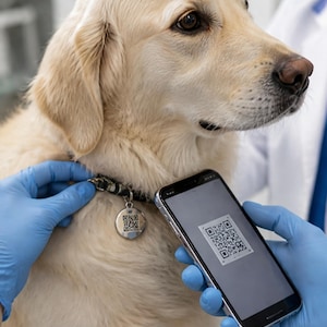 Op de afbeelding: Een lichtgekleurde hond draagt een donkere halsband met een ronde zilverkleurige metalen penning met een QR-code. Een smartphone wordt in de buurt gehouden en toont een bijbehorende QR-code op het scherm, terwijl blauwe medische handschoenen zichtbaar zijn.