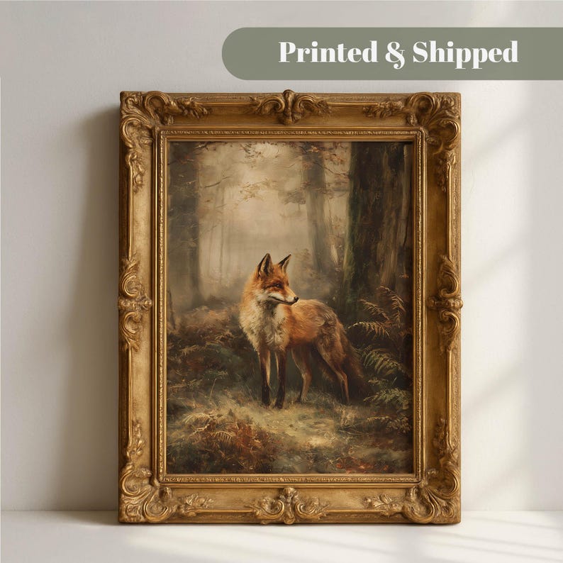 Red fox woodland wall art print featuring a beautifully painted fox among mature trees, ferns and natural foliage in warm earthy tones, ideal for country living rooms, rustic bedrooms, studies, hallways and nature-inspired gallery walls.