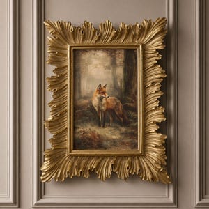 May include: A rectangular wall art piece featuring a painting of a fox standing in a forest, enclosed in an ornate, textured gold frame with leaf-like edges. The fox has reddish-brown fur and is positioned in a misty, wooded environment.