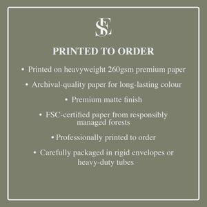 May include: An olive green informational graphic with white text that reads: PRINTED TO ORDER, Printed on heavyweight 260gsm premium paper, Archival-quality paper for long-lasting colour, Premium matte finish, FSC-certified paper, Professionally printed.