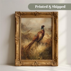 Op de afbeelding: Een ingelijst olieverfschilderij van een fazant in een grasveld. De vogel heeft bruine, gouden en iriserend groene veren met een lange staart. Het kunstwerk zit in een rijk versierde, goudkleurige lijst in een antieke stijl met houtsnijwerk.