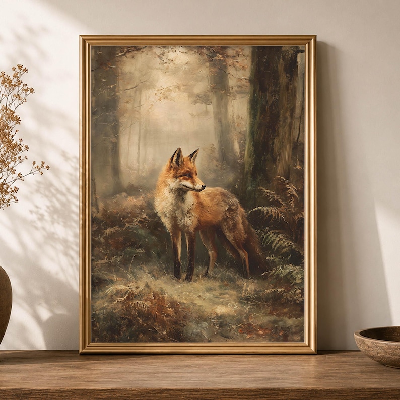 May include: A framed wall art print featuring a red fox standing in a misty, sunlit forest. The fox has orange and white fur and is positioned among dark tree trunks and green ferns. The artwork is enclosed in a thin, metallic gold frame.