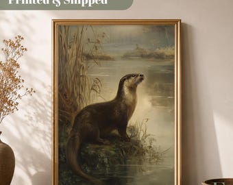 カワウソのウォールアートプリント、野生動物ポスター、ヴィンテージ風の川の動物のアートワーク、素朴な自然の装飾、カントリーコテージのウォールアート、動物好きへのギフト