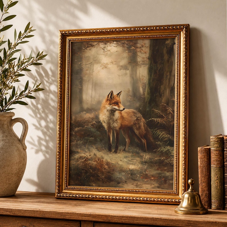 May include: A framed painting of a red fox standing in a misty forest, enclosed in an ornate gold frame with beaded detailing. The artwork depicts the fox in a natural woodland setting with muted earth tones, shadows, and soft light.