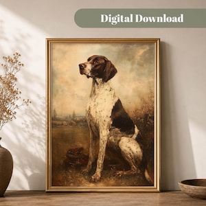 May include: A framed digital download print featuring a painting of a white and brown spotted pointer dog sitting in a field. The dog has a dark brown head and ears, with a white chest and legs covered in brown spots. The text Digital Download is visible.