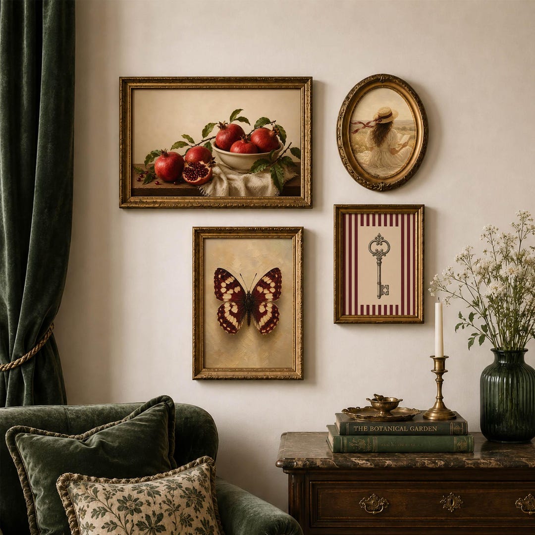 Vintage Burgundy Gallery Wall Set of 4, Cottagecore Wall Art Collection ...