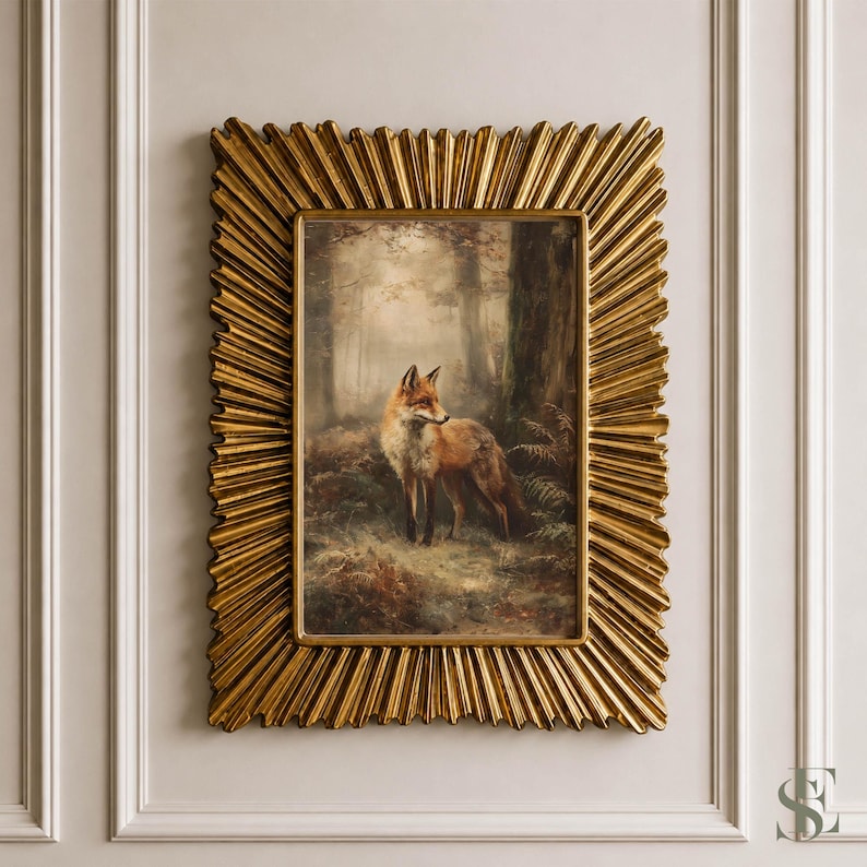 May include: A rectangular wall art piece featuring a painting of a red fox standing in a misty forest. The artwork is enclosed in a wide, textured gold frame with a sunburst or starburst design radiating outward from the central image.