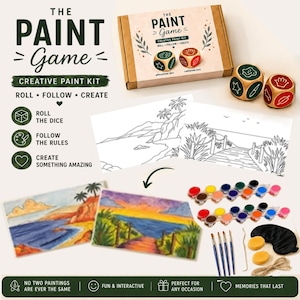 May include: The Paint Game creative paint kit includes a cardboard box, two dice with icons, two black and white line art templates, two finished colourful landscape paintings, two strips of paint pots, four paintbrushes, two sponges, and twine.