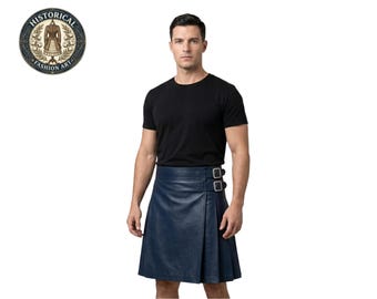 Falda escocesa de cuero auténtico azul marino para hombre / Falda plisada estilo escocés con doble hebilla