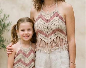 Mommy and Me Crochet Halter Tops | Boho Chevron Fringe Summer Set
