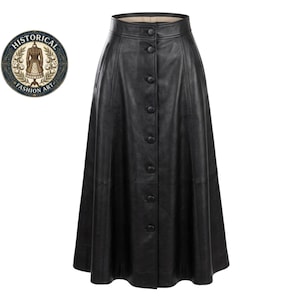 Peut inclure: Une longue jupe en cuir noir avec un devant boutonné. La jupe a une taille haute et une silhouette évasée. L'image comprend également un logo circulaire avec le texte "HISTORICAL FASHION ART".