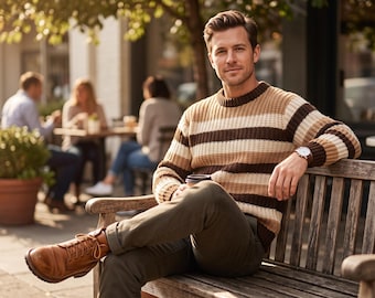 Maglione da uomo a righe, girocollo, marrone crema, maglione casual