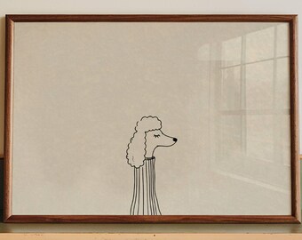 Póster con estampado de perro con suéter original, dibujado a mano, ilustración minimalista de caniche (descarga digital, formato horizontal).