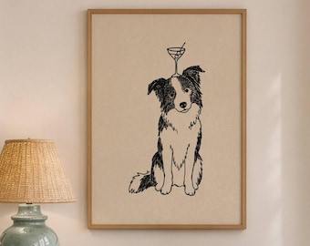 Lámina con diseño de perro y cóctel, decoración moderna para carrito de bar, póster de Border Collie (descarga digital)