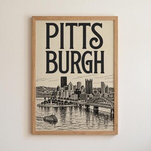 Affiche murale Pittsburgh, poster minimaliste dessiné à la main de Pennsylvanie, affiche de voyage vintage (téléchargement numérique)