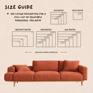 Puede incluir: Una gu&iacute;a de tallas con dimensiones imprimibles para varios formatos, incluyendo 3x4, 4x5 y 3x2. La imagen tambi&eacute;n muestra un sof&aacute; de color terracota, con una longitud de 240 cm.