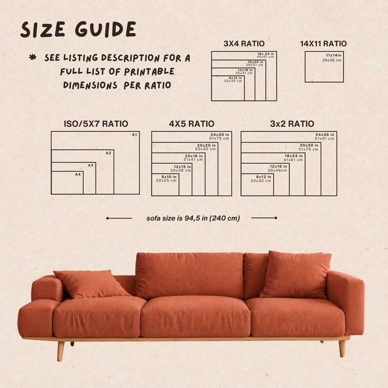 Puede incluir: Una gu&iacute;a de tallas con dimensiones imprimibles para varios formatos, incluyendo 3x4, 4x5 y 3x2. La imagen tambi&eacute;n muestra un sof&aacute; de color terracota, con una longitud de 240 cm.