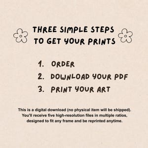 Puede incluir: Gr&aacute;fico beige con el texto "THREE SIMPLE STEPS TO GET YOUR PRINTS". Los pasos son: Pedir, Descargar tu PDF e Imprimir tu arte. El texto tambi&eacute;n indica que se trata de una descarga digital.