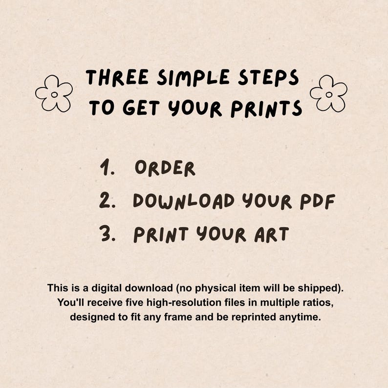 Puede incluir: Gr&aacute;fico beige con el texto "THREE SIMPLE STEPS TO GET YOUR PRINTS". Los pasos son: Pedir, Descargar tu PDF e Imprimir tu arte. El texto tambi&eacute;n indica que se trata de una descarga digital.