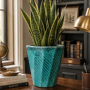 Large Turquoise Ceramic Planter Pot | Glazed Flower Pot with Drainage Hole
