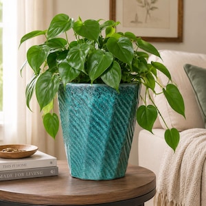 Grote turquoise keramische plantenpot | Geglazuurde bloempot met drainagegat
