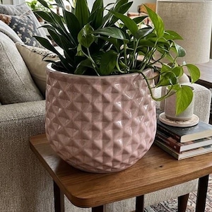 Blush Pink Geometric Ceramic Cache Planter | Textured Indoor Plant Pot (11" Diameter)