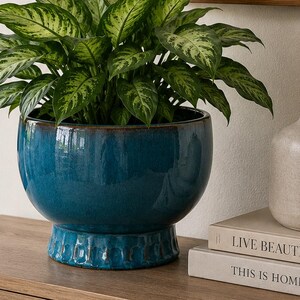 Blue Reactive Glaze Ceramic Planter Pot | Pedestal Foot Indoor Outdoor Plant Pot
