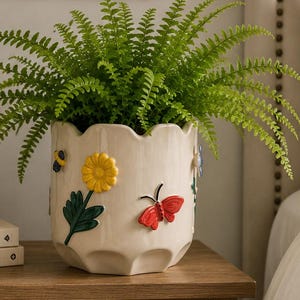 Handcrafted Floral Butterfly Ceramic Planter | Decorative Cache Cottage Garden Pot, 8x8