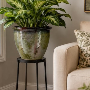 Green Glaze Ceramic Planter Pot | Green Ribbed Texture | Rustic Style