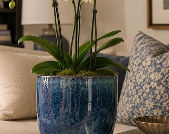Blue Glazed Ceramic Planter | Textured Indoor Flower Pot | Decorative Cachepot for Houseplants