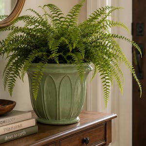 Maceta de cerámica con forma de tulipán verde salvia — Maceta de interior con esmalte celadón, decoración de estilo vintage para el hogar
