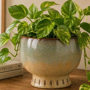 Reactive Glaze Pedestal Ceramic Planter — Blue Sage Ombre Footed Pot, Artisan Indoor Planter