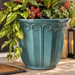 Vaso grande de cerâmica esmaltada azul-petróleo | Vaso para plantas de interior e exterior (38 cm de diâmetro)