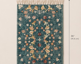 Vintage Embroidered Accent Rug 24x36 | Boho Floral Fringe | Teal Cottage-core Entryway Mat