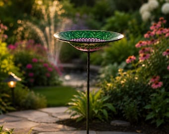 11" Glass Bird Bath – Hand Painted Floral Design with Metal Stake | Garden Decor