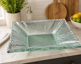 Textured Green Glass Square Serving Bowl | Decorative Centerpiece Bowl