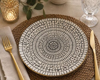 Set of 3 Black & Ivory Geometric Stoneware Salad Plates – 8.25” Mandala Design