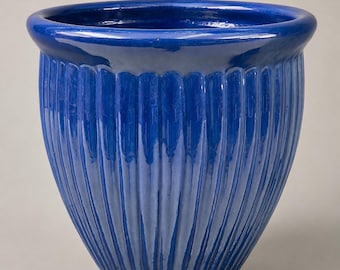 Cobalt Blue Ribbed Ceramic Planter | Glossy Cache Pot with Drainage | Mid-Century Modern Decor