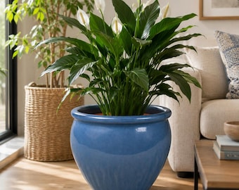 Sky Blue Glazed Ceramic Planter Pot – 11" Diameter, 9.5" High Indoor Outdoor Container