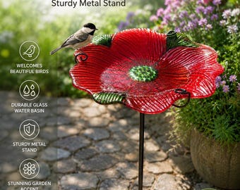 Red Glass Poppy Flower Bird Bath with Metal Garden Stake