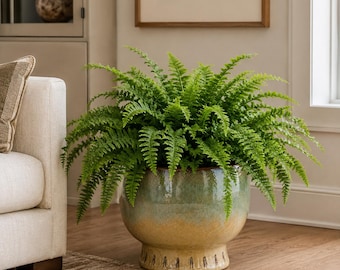 Large Reactive Glaze Pedestal Ceramic Planter — Blue Sage Ombre Footed Pot, Artisan Indoor Planter
