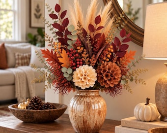 Arreglo floral artificial de otoño y centro de mesa de Acción de Gracias / Ramo de flores de la Pampa y decoración otoñal para el hogar