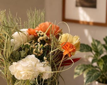 Dried Floral Arrangement with Decorative Vase | Neutral & Coral Home Decor Centerpiece